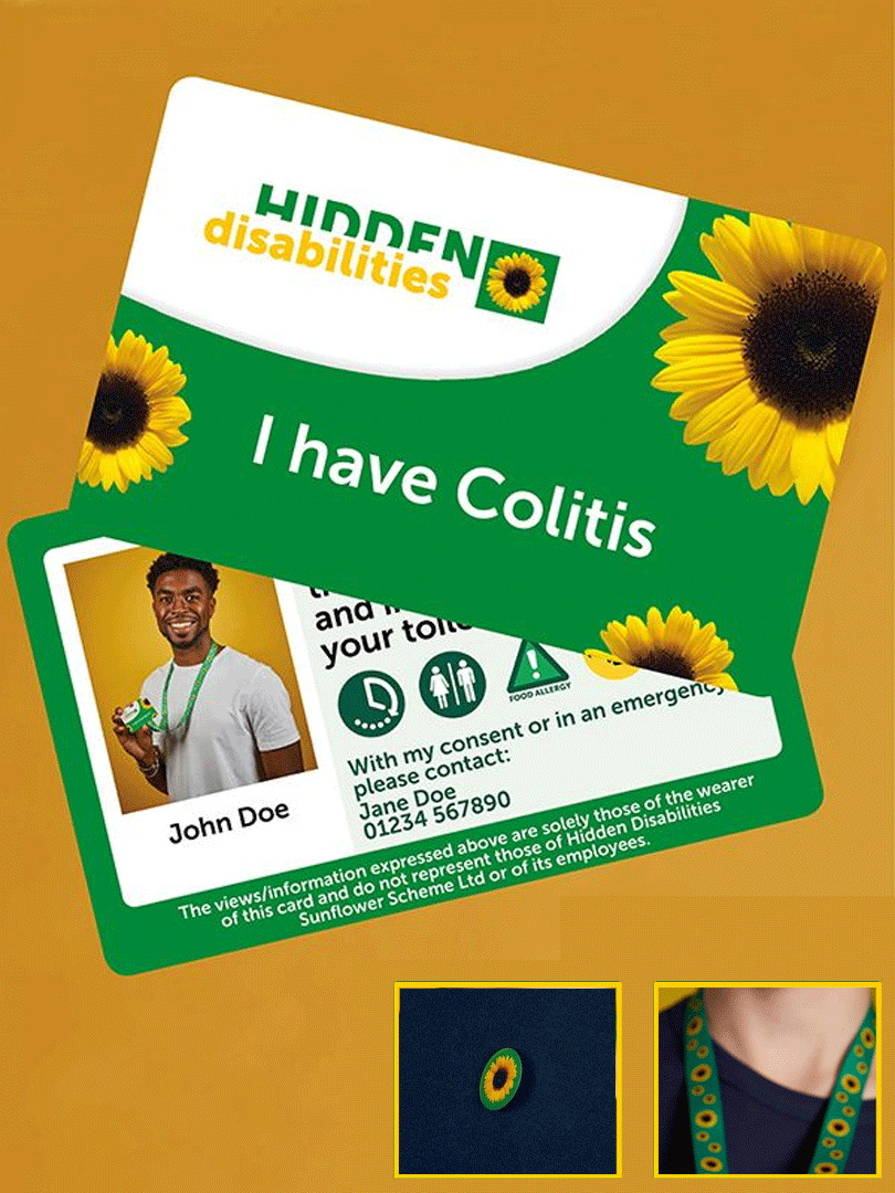 Front and back view of a Sunflower condition card with text on the back of the card, portrait of a person, disability icons and a Sunflower lanyard inset under the card.