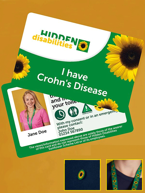 Front and back view of a Sunflower condition card with text on the back of the card, portrait of a person, disability icons and a Sunflower lanyard inset under the card.