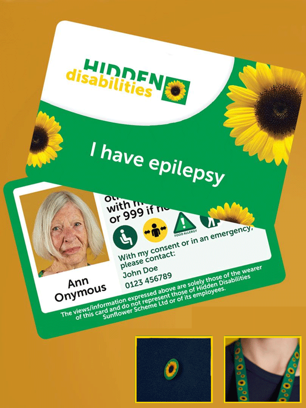 Front and back view of a Sunflower condition card with text on the back of the card, portrait of a person, disability icons and a Sunflower lanyard inset under the card.