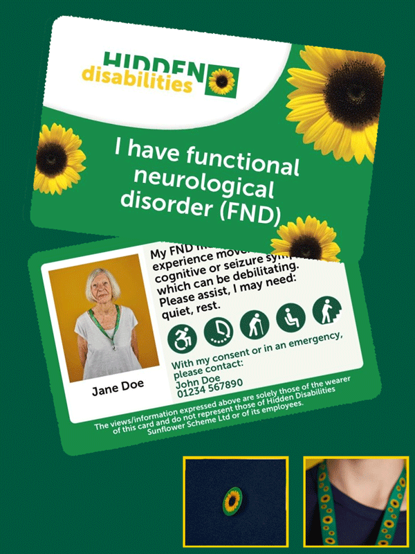 Front and back view of a Sunflower condition card with text on the back of the card, portrait of a person, disability icons and a Sunflower lanyard inset under the card.