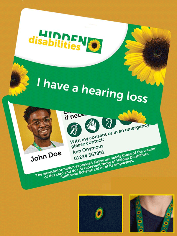 Front and back view of a Sunflower condition card with text on the back of the card, portrait of a person, disability icons and a Sunflower lanyard inset under the card.
