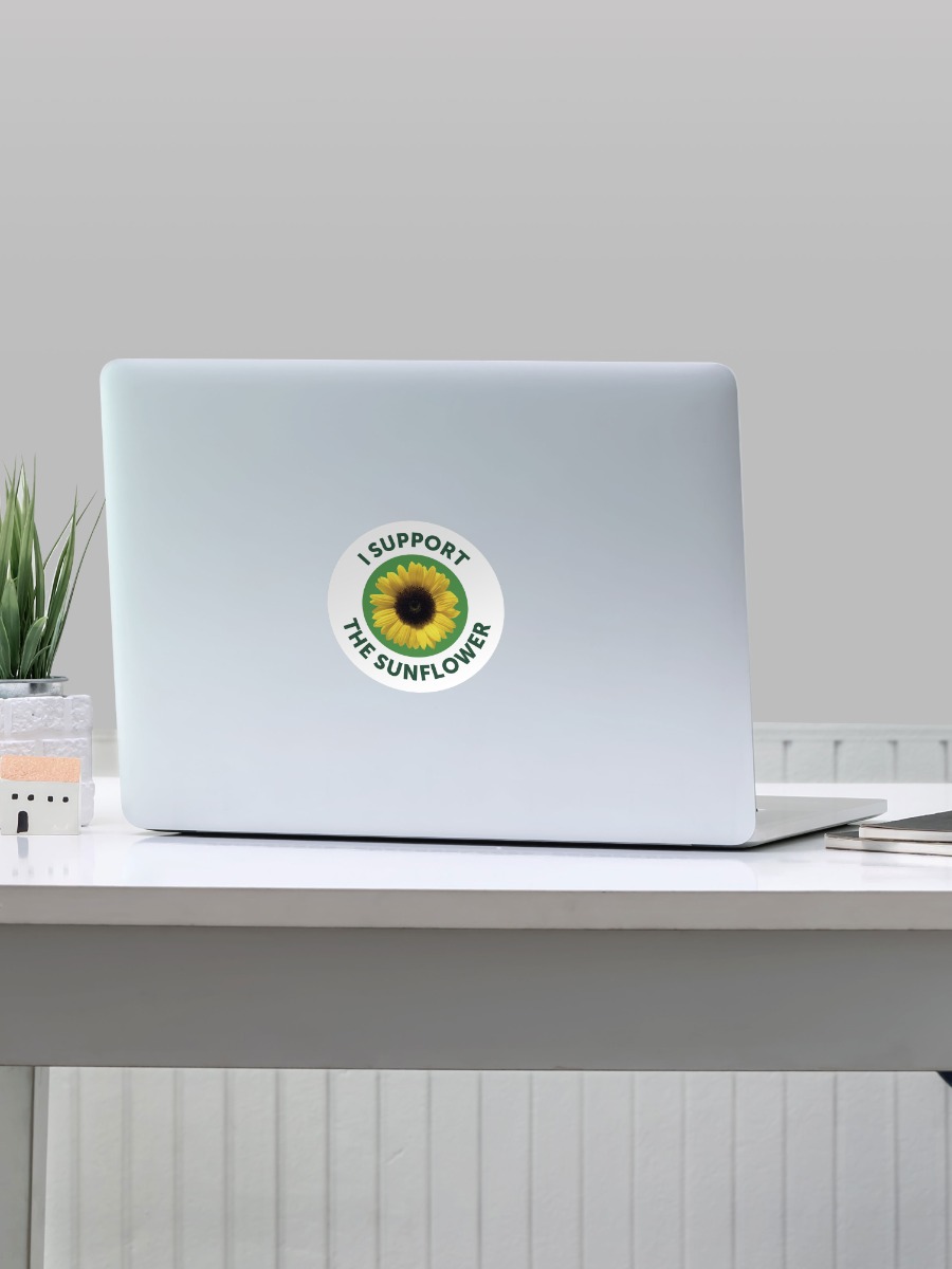 White round stickers with the sunflower and text that reads 'I support the sunflower' computer stickers