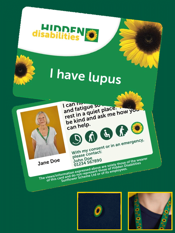 Front and back view of a Sunflower condition card with text on the back of the card, portrait of a person, disability icons and a Sunflower lanyard inset under the card.