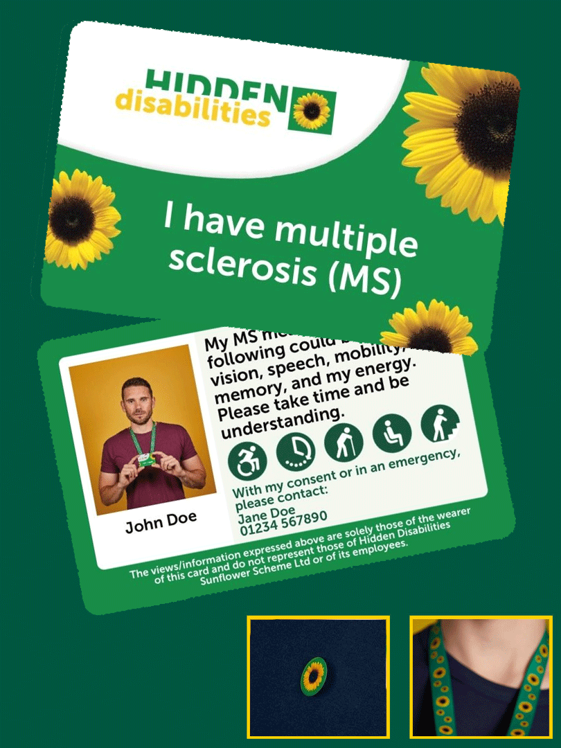 Front and back view of a Sunflower condition card with text on the back of the card, portrait of a person, disability icons and a Sunflower lanyard inset under the card.