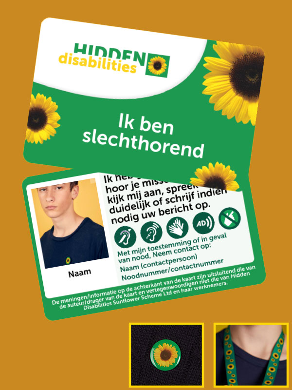 Voor- en achteraanzicht van een identiteitskaart met tekst op de achterkant van de kaart, portret van een persoon, handicappictogrammen en een sleutelkoord onder de kaart.