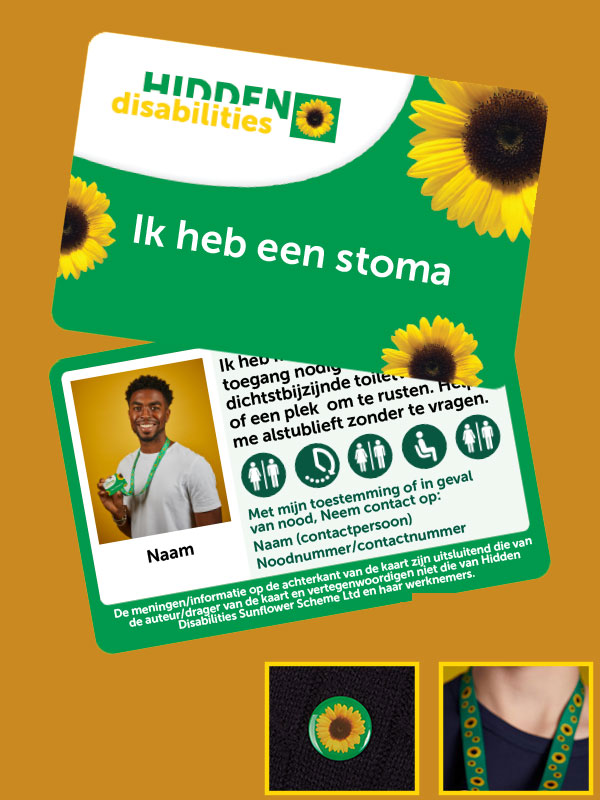 Voor- en achteraanzicht van een identiteitskaart met tekst op de achterkant van de kaart, portret van een persoon, handicappictogrammen en een sleutelkoord onder de kaart.