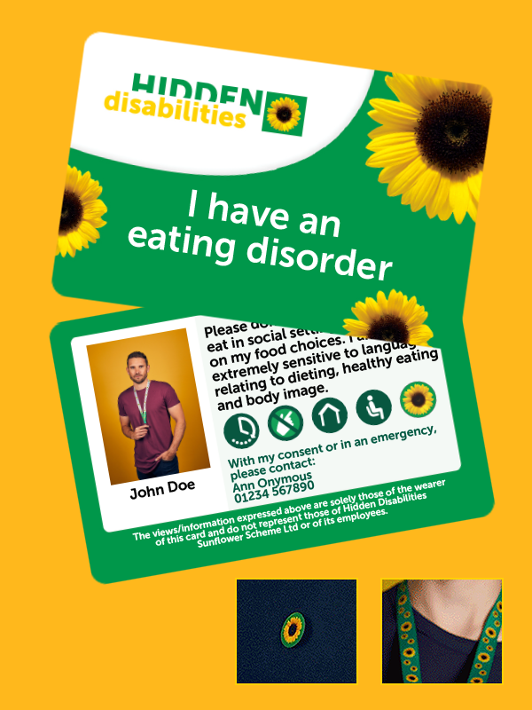 Front and back view of an ID card with text on the back of the card, portrait of a person, disability icons and a lanyard attached to the card.