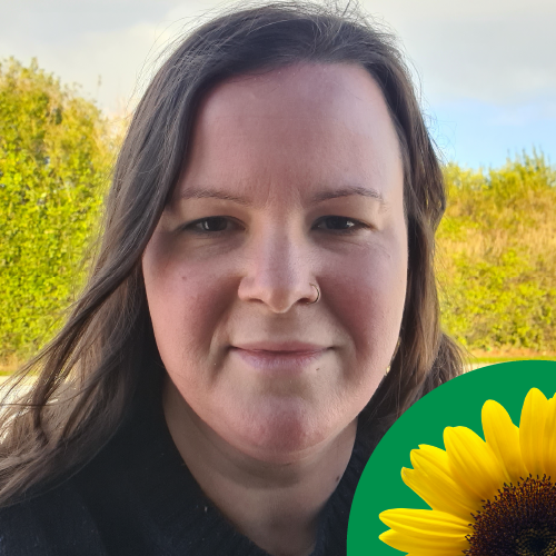 Eve Jensch has brown hair and white skin. In the corner of the image is a Sunflower on green background.