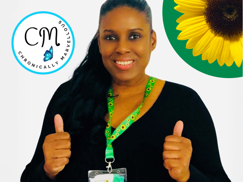 Photo of Tasha Sorhaindo. The Chronically Marvellous logo and the Sunflower