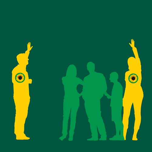 Silhouettes of people in green and yellow waving at each other. The yellow people have the sunflower on their chests 
