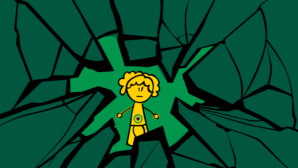 Image of yellow character stading in a crack