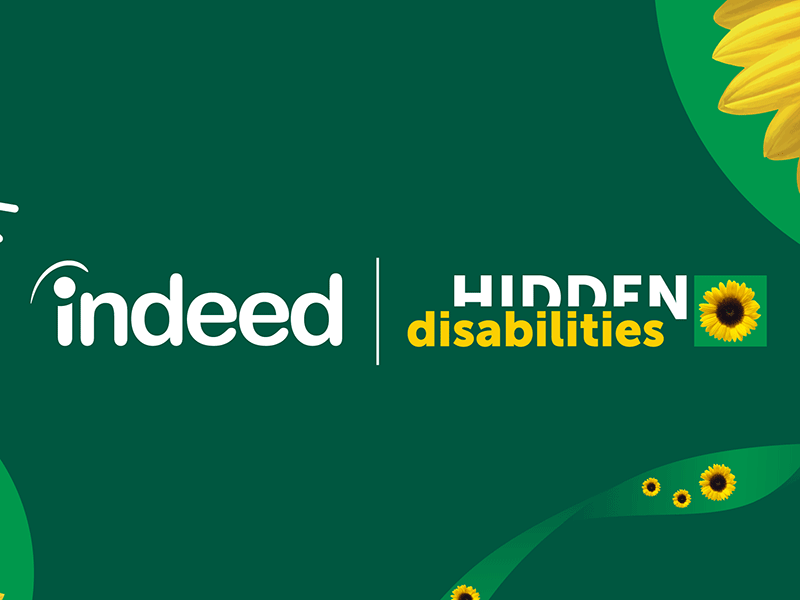 Indeed and Hidden Disabilities Sunflower logos on dark green background