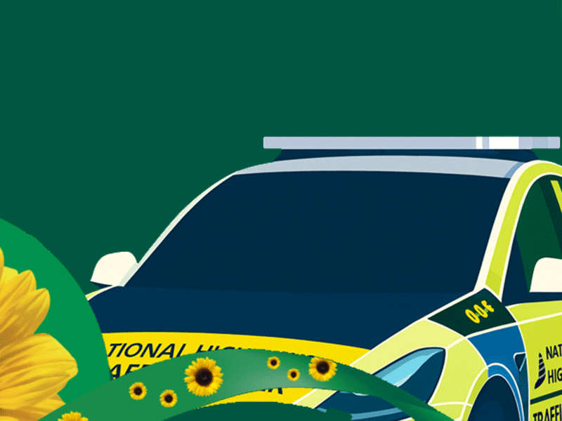 National Highways car and yellow sunflowers on a green background