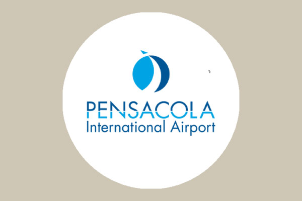 Pensacola logo in white circle against a taupe background