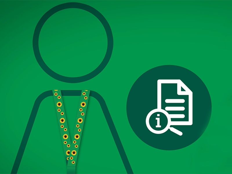 icon wearing the sunflower lanyard and info symbol