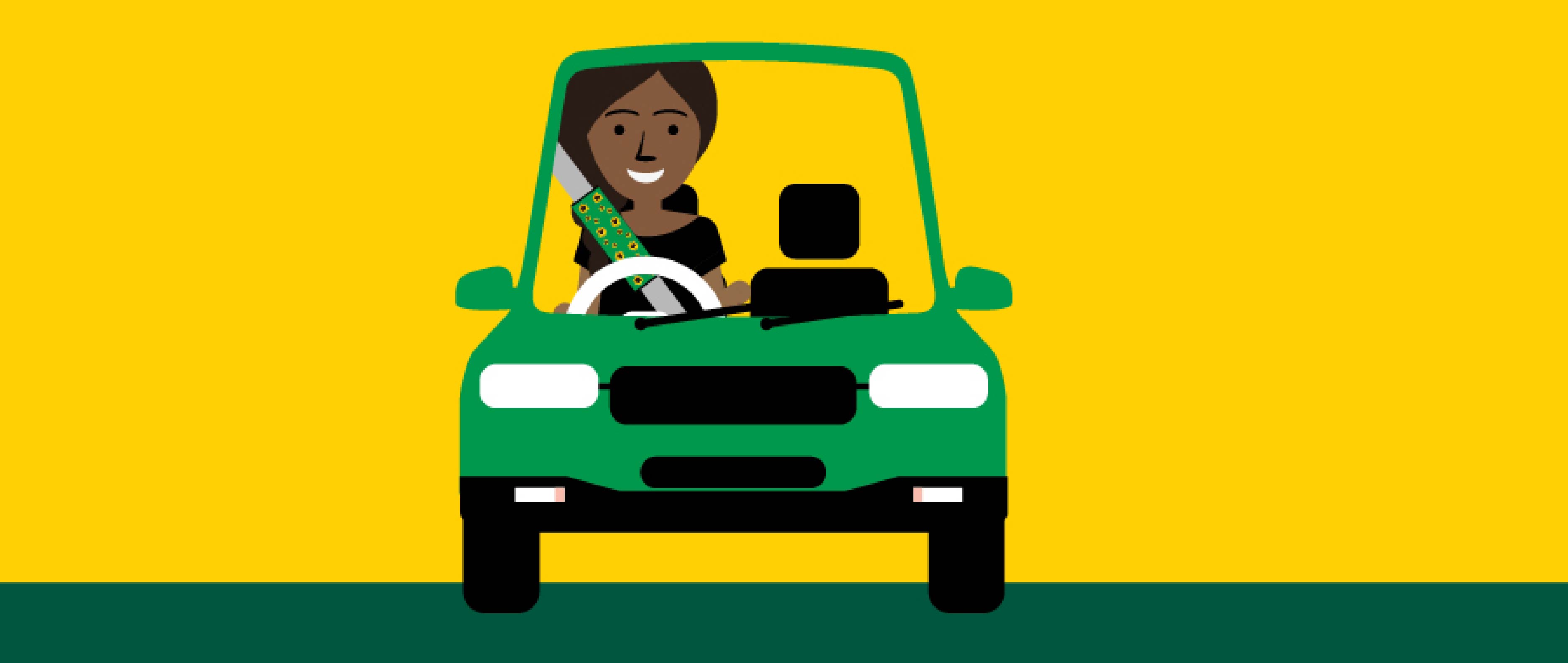Illustrations of woman icon car wearing a Sunflower seatbelt