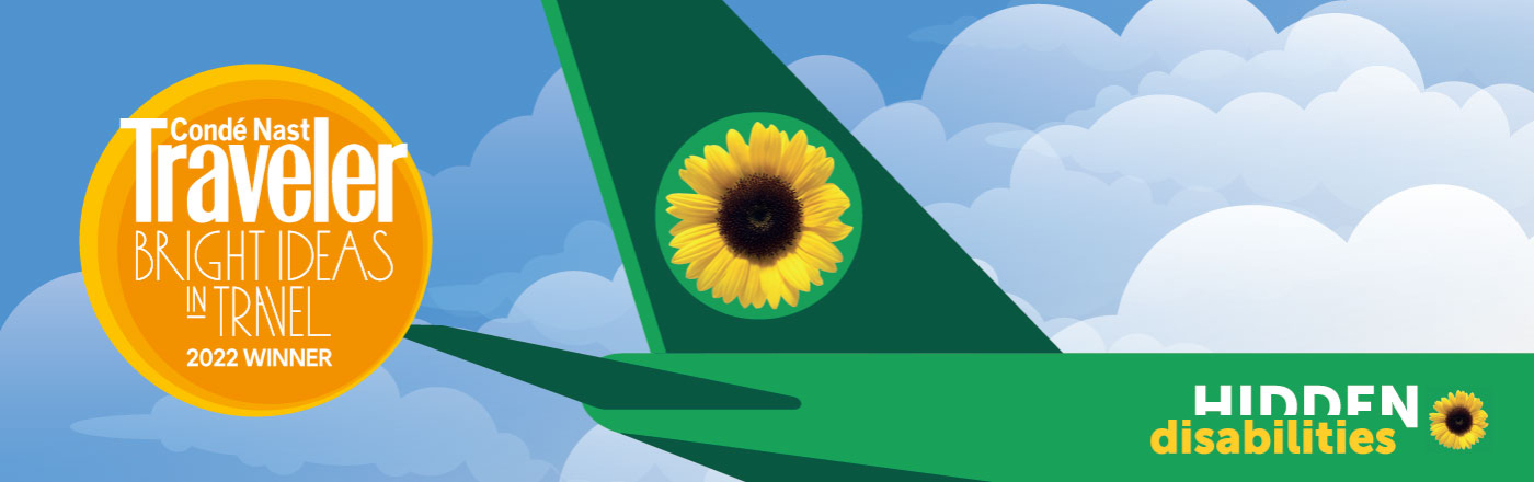 A green hidden disabilities aeroplane with an orange Conde nast awards badge that reads: Conde Nast Traveler Bright ideas in travel 2022 winner