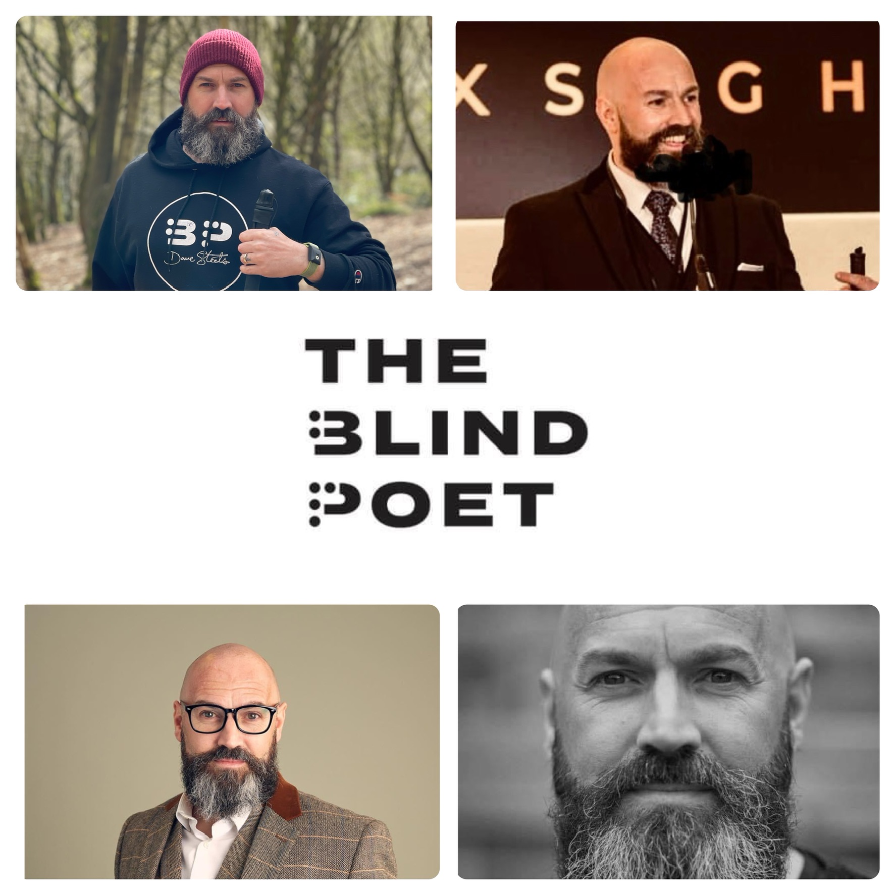 A collage of four different images of Dave with the blind poet logo at the centre. In one image Dave is walking with his cane in the woods. In one image he is presenting at an event. The other two images are close up portrait photos. 
