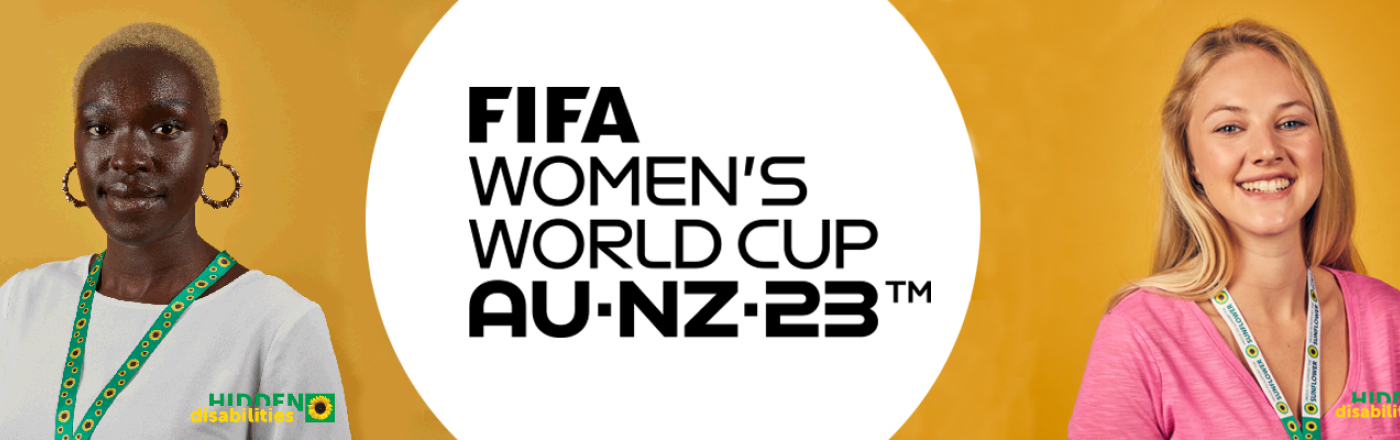 FIFA Women's wrold cup logo with two women next to it wearing Sunflower lanyards