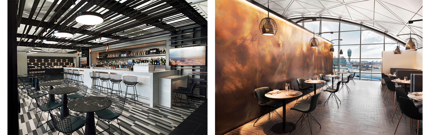 two photos of the Hong Kong International Airport lounge