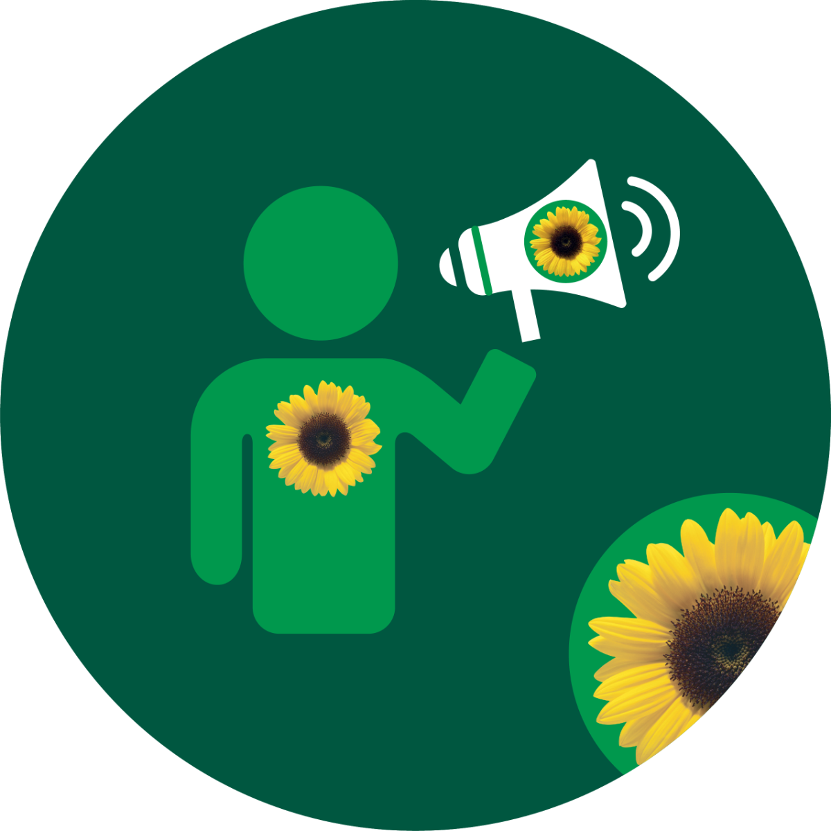 person with white megaphone and Sunflower symbol