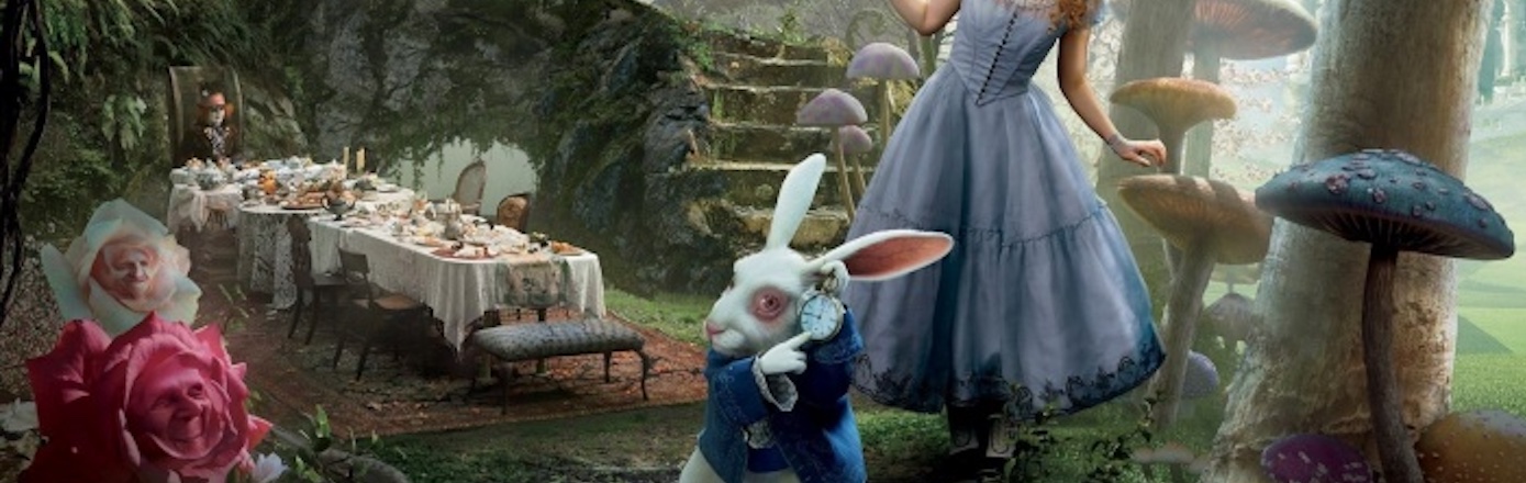 A scene from Alice in wonderland. The mad hatter is sat at a table set for tea to the left. In the foreground the white rabbit holds a pocket watch. There are flowers with faces to the left and toadstools to the right. Alice is in the background. 