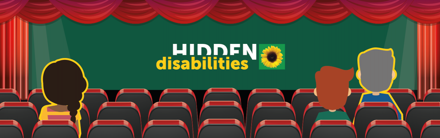 An illustrated scene of people at the cinema. Screen has the Hidden Disabilities logo on it
