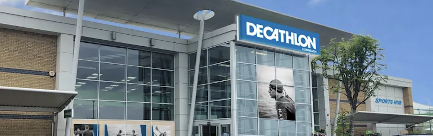 A decathlon store. A glass fronted building. 