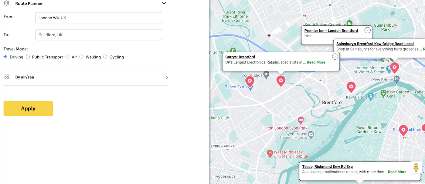 A screen shot of the Sunflower route planner displaying a section of the route from London W4 to Guildford, driving. In the righthand panel is a map with red teardrops showing where Sunflower friendly places are.