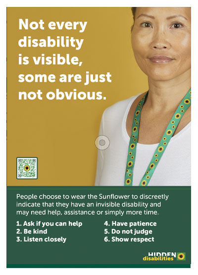 Sunflower poster with woman wearing a green lanyard with yellow sunflowers