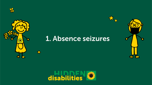 Image of two characters on a green background with text saying Absence seizures