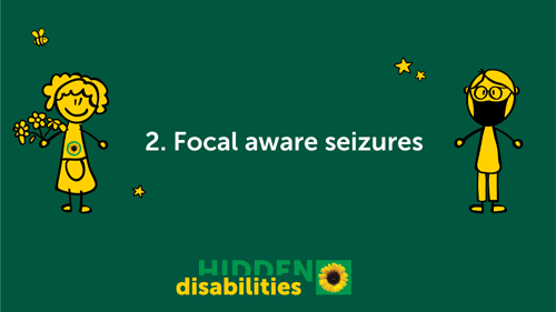 Image of two characters on a green background with text saying Focal aware seizures