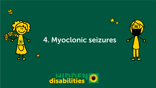 Image of two characters on a green background with text saying Myclonic seizures