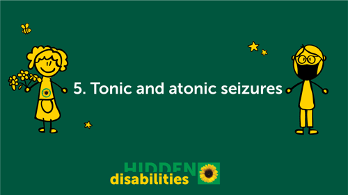Image of two characters on a green background with text saying Tonic atonic seizures