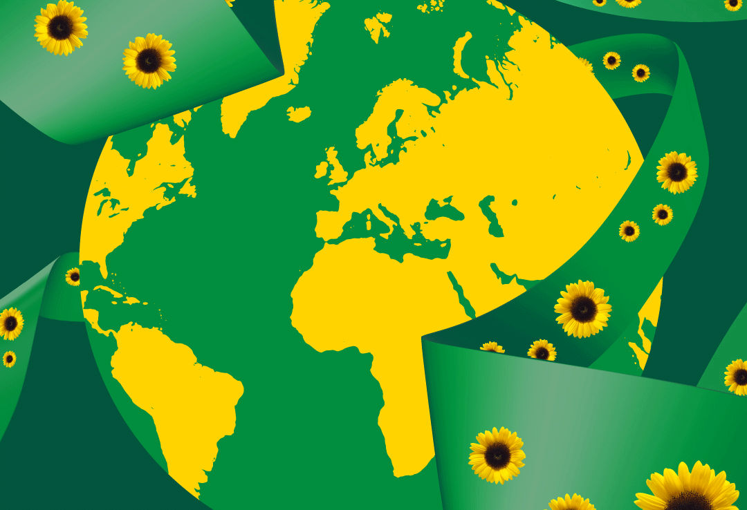 Gele en groene wereldbol omringd door groen koord met gele zonnebloemen