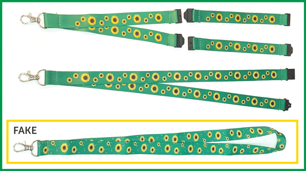 Two Sunflower lanyards and a counterfeit one