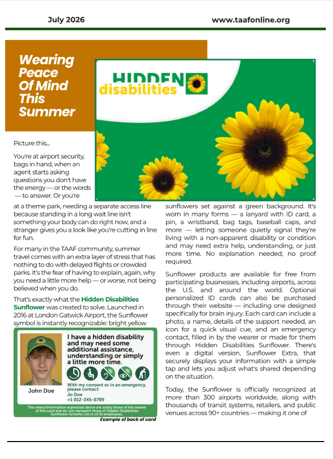 TAAF's July 2026 newsletter article, Wearing Peace of Mind This Summer, introducing the Hidden Disabilities Sunflower