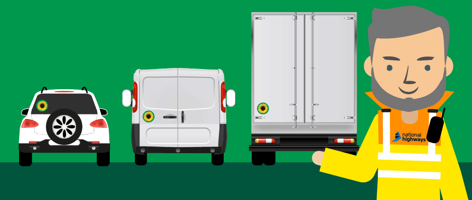 An animation of three vehicles. A car, van and lorry. All three have the Sunflower for your vehicle displayed on the rear. There is an animated national highways man in the foreground wearing a high vis jacket. 